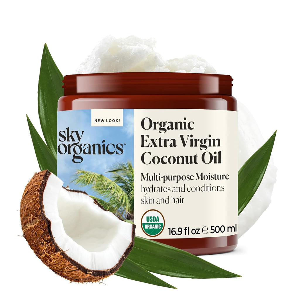 Sky Organics coconut oil bottle close-up for skin hydration