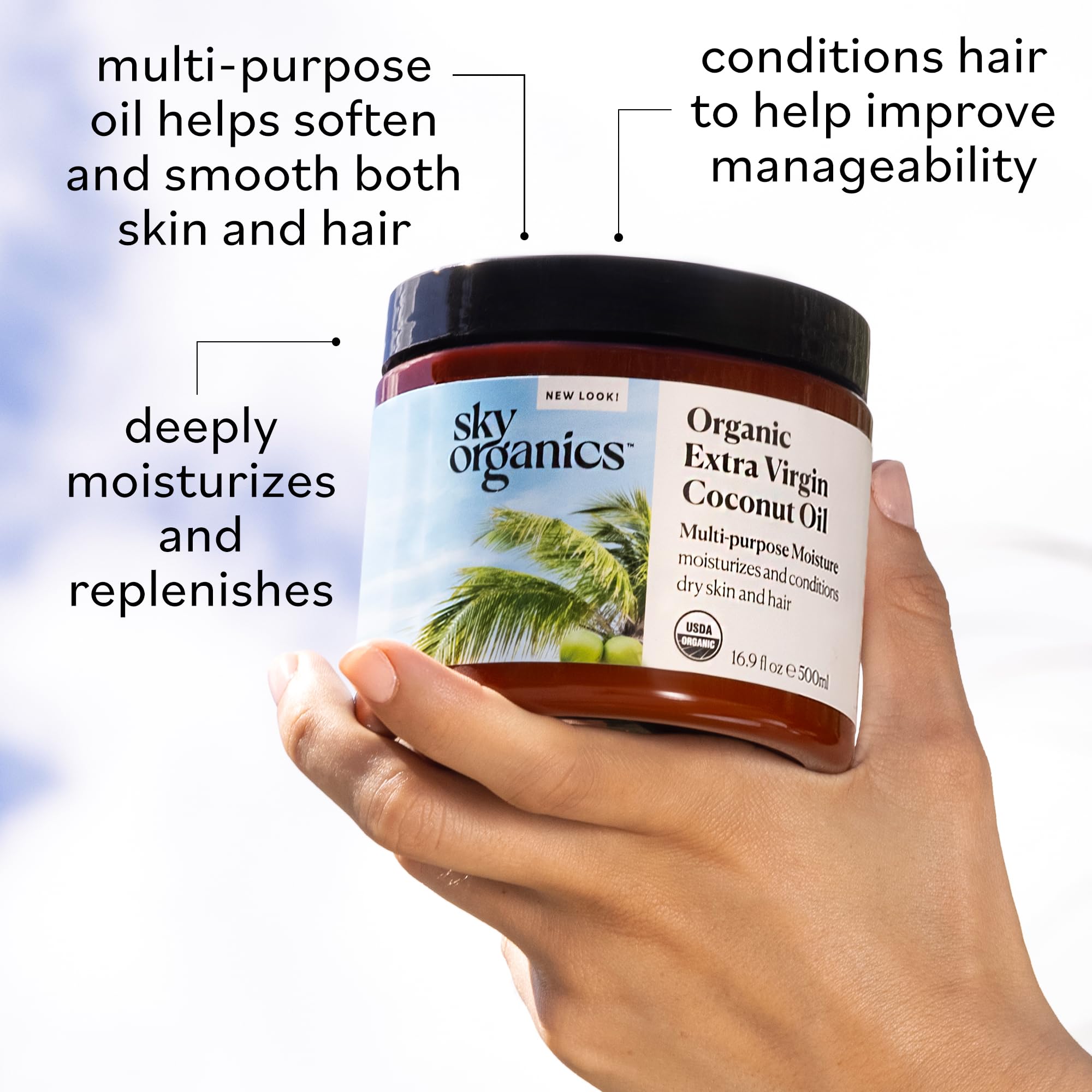 Sky Organics coconut oil packaging detail highlights minimal ingredients