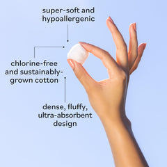 Sky Organics cotton balls show chlorine-free, hypoallergenic material suitable for sensitive skin care.