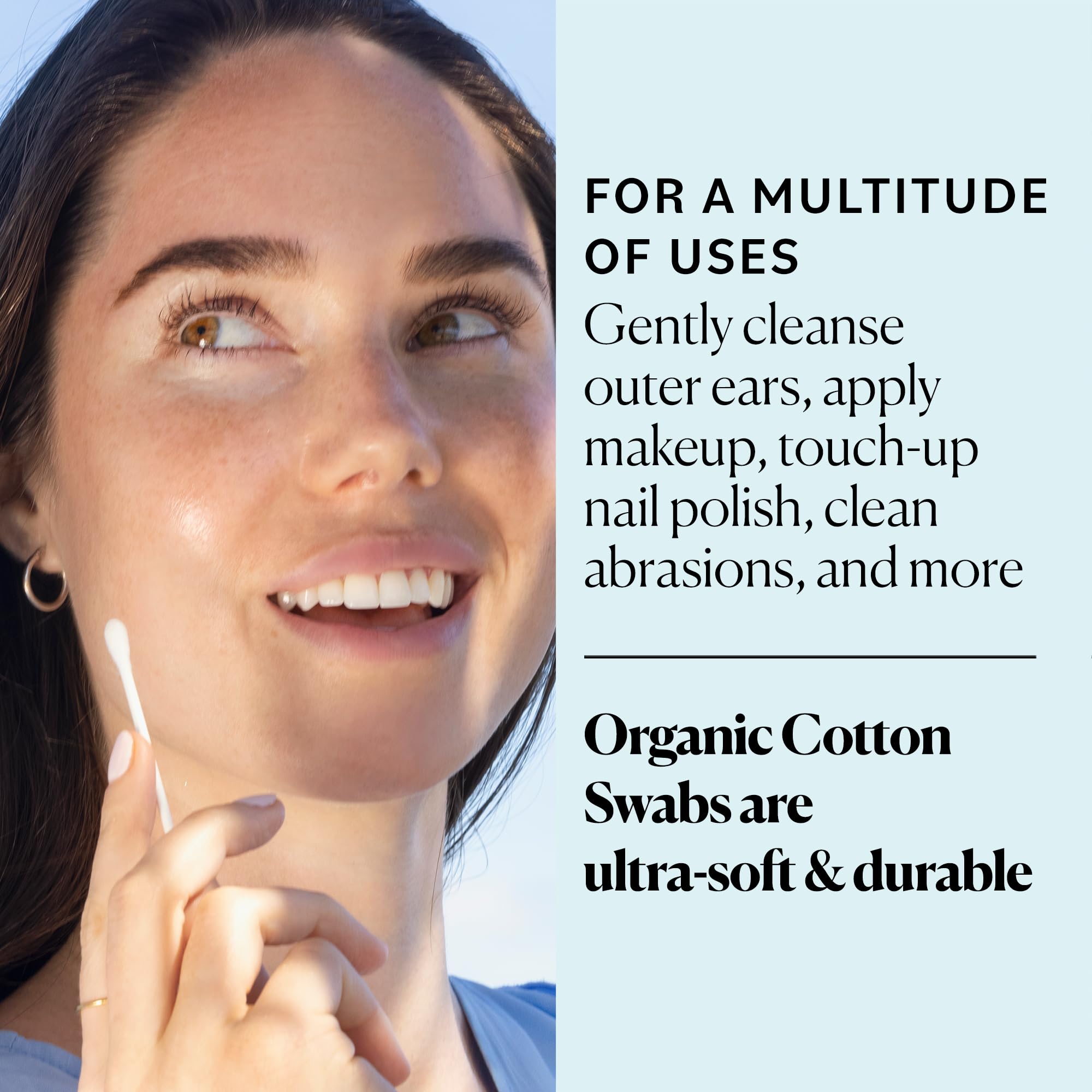 Sky Organics organic cotton fiber swabs highlight natural, hypoallergenic material.