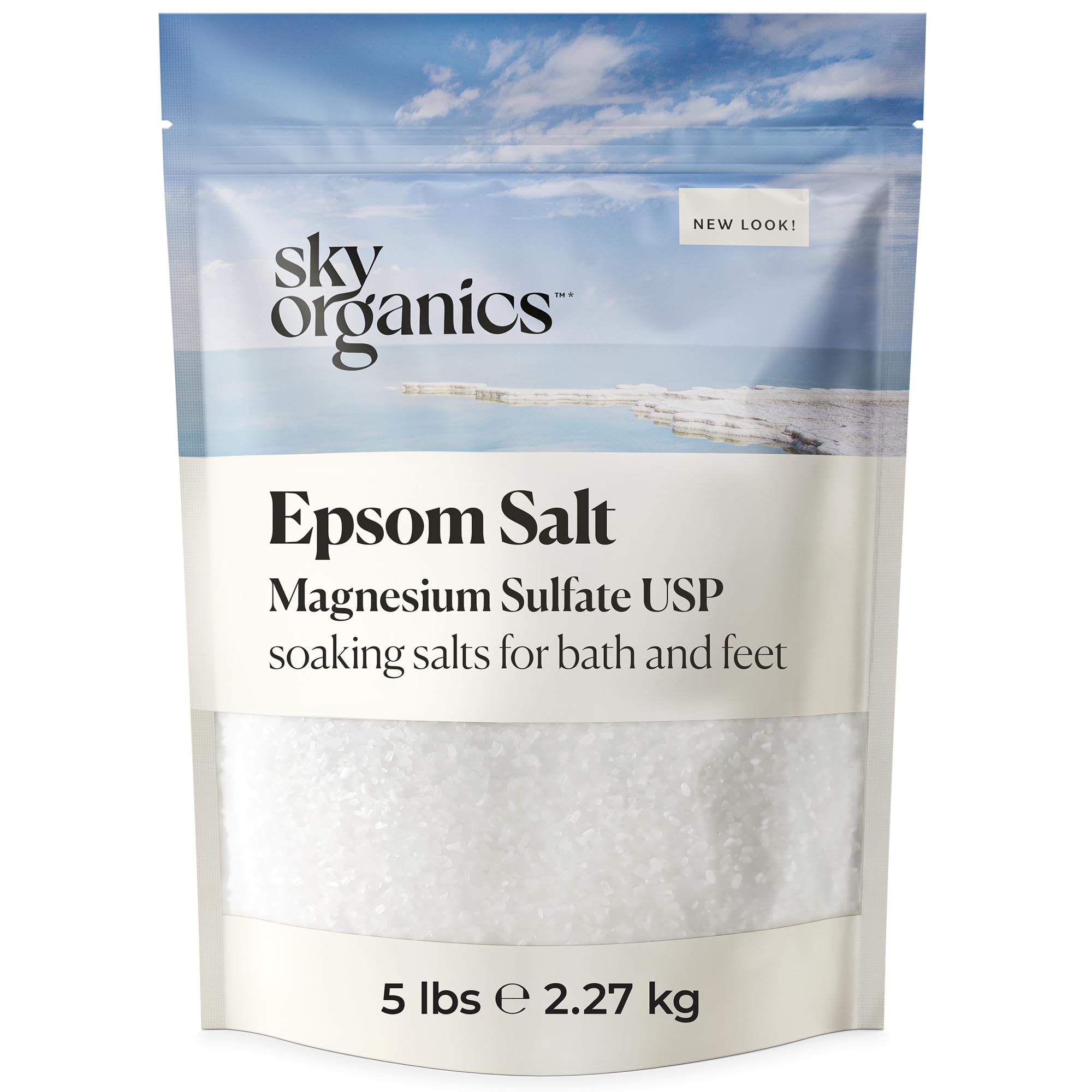 Sky Organics Epsom Salt Bath Soak in resealable bag soothes tired muscles during baths.