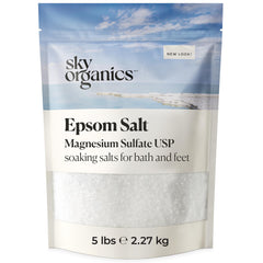 Sky Organics Epsom Salt Bath Soak in resealable bag soothes tired muscles during baths.