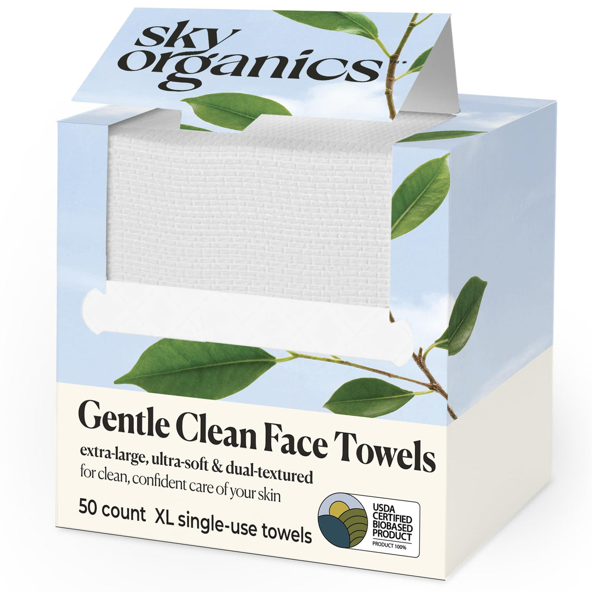 Sky Organics Gentle Clean Face Towels packaging shows convenient disposable cleansing for makeup removal.