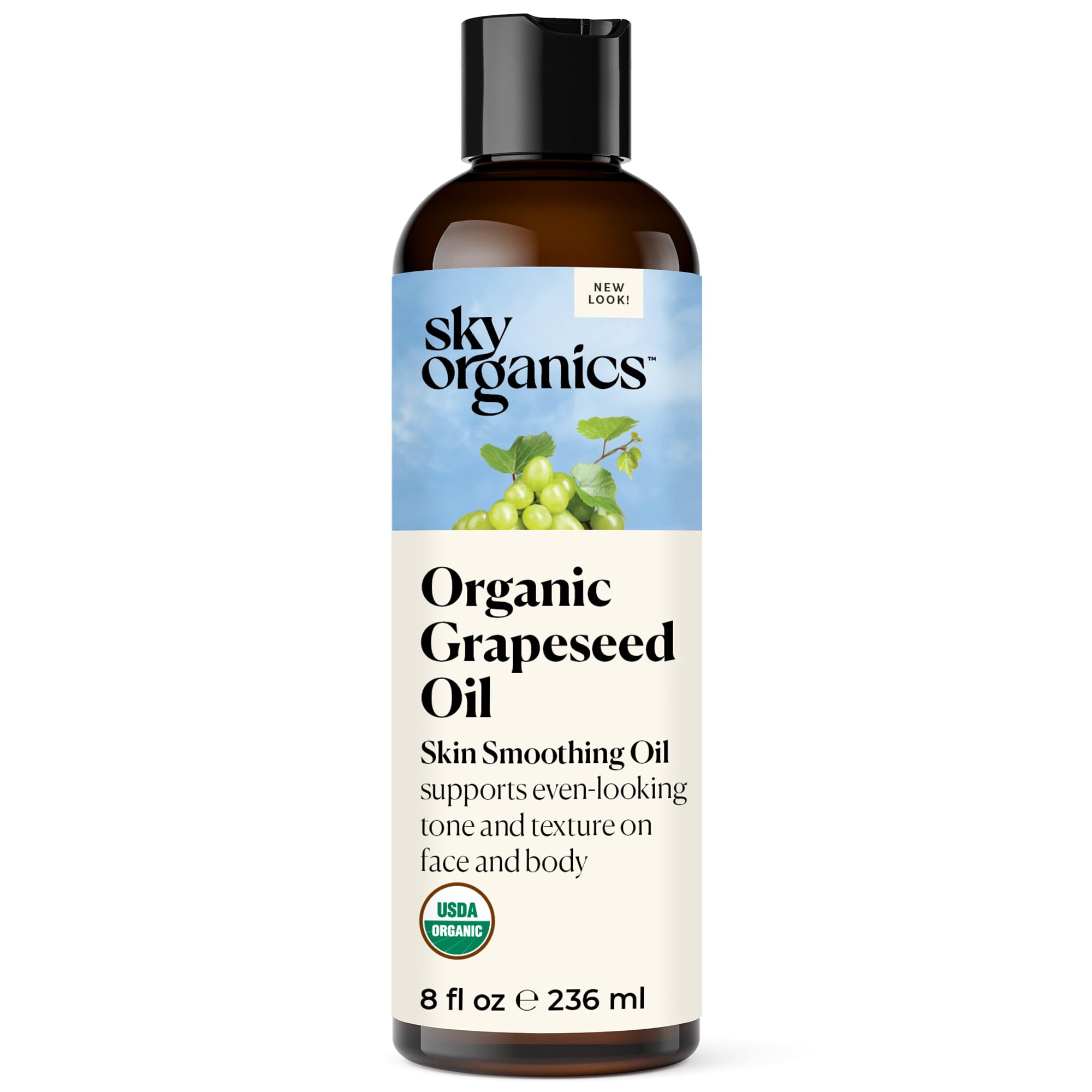 Sky Organics Grapeseed Oil bottle showing lightweight hydration for smoother skin