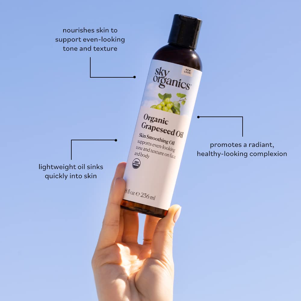 Sky Organics Grapeseed Oil ingredients listing with vitamins for skin glow