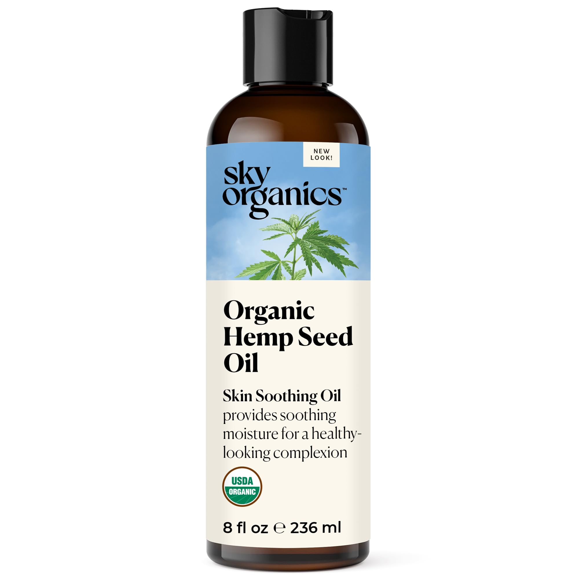 Sky Organics hemp seed oil face bottle demonstrates lightweight hydration for all skin types.