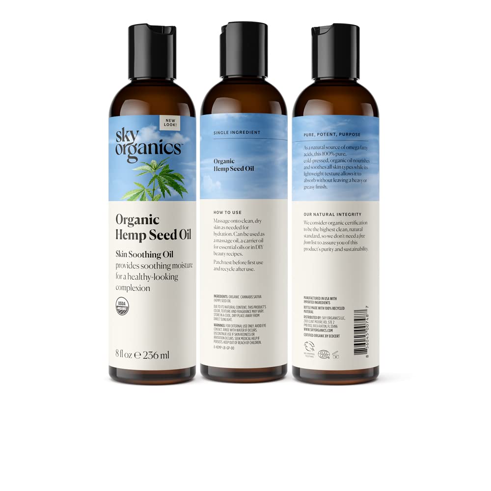 Sky Organics hemp seed oil packaging showcases USDA Organic and cruelty-free attributes.