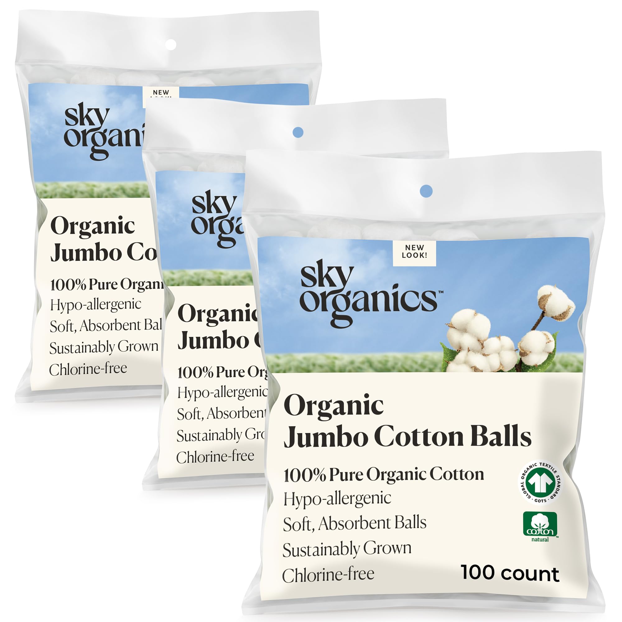 Sky Organics jumbo cotton balls pack with fluffy texture for gentle skincare.
