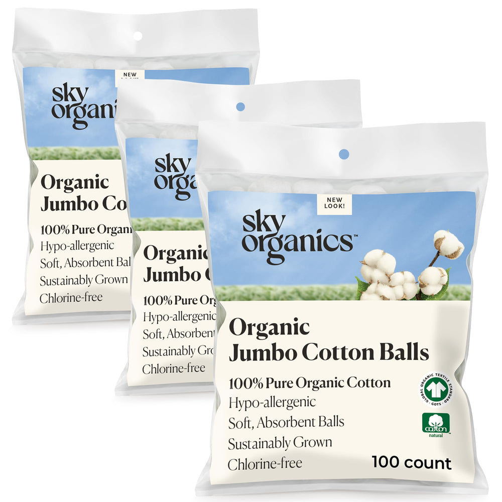 Sky Organics jumbo cotton balls pack with fluffy texture for gentle skincare.