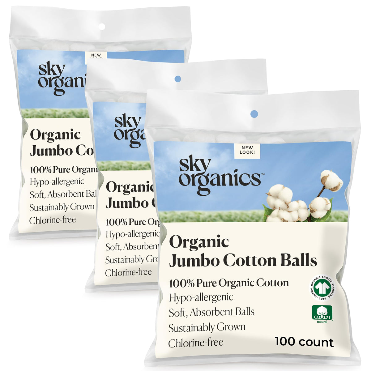 Sky Organics jumbo cotton balls pack with fluffy texture for gentle skincare.