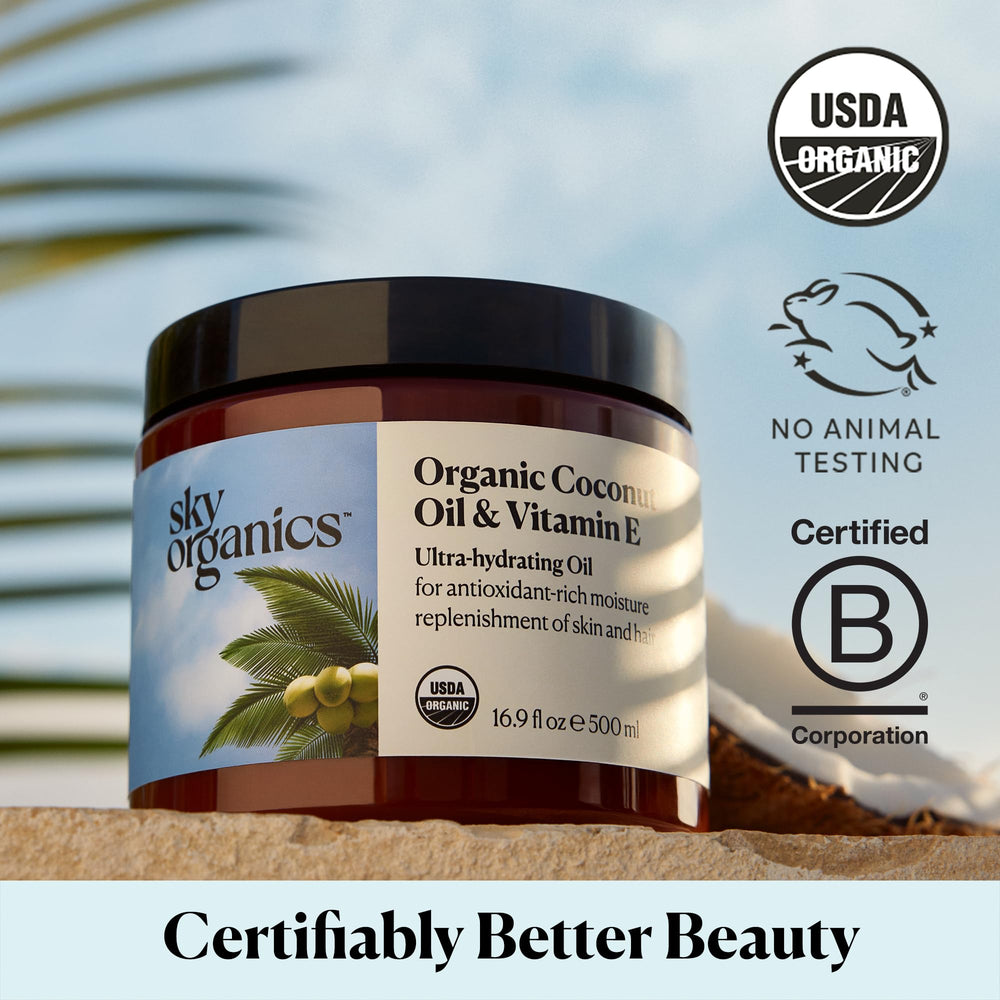 Sky Organics Organic Coconut Oil Vitamin E ingredients closeup with nourishing antioxidants and fatty acids