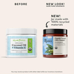 Sky Organics Organic Coconut Oil Vitamin E bottle back highlights ingredients and user-friendly multi use nourishment