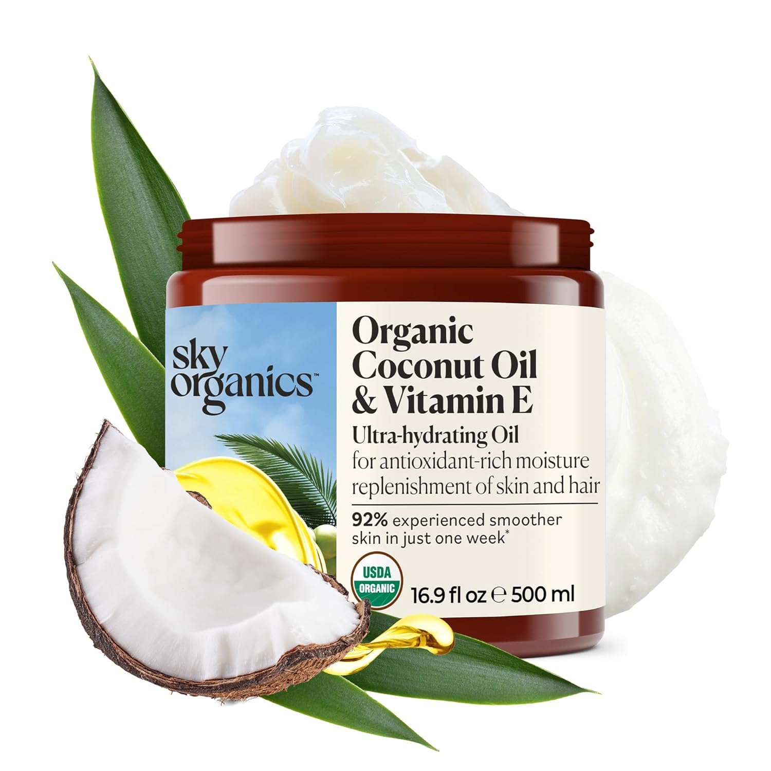 Sky Organics Organic Coconut Oil Vitamin E bottle front shows vegan, cruelty-free moisture for skin and hair