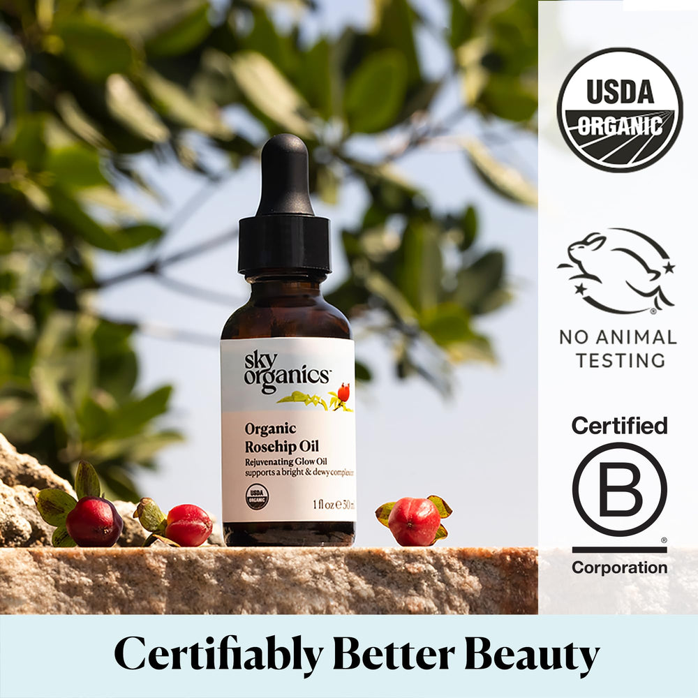 Sky Organics Rosehip Oil 1oz packaging shown for easy home use