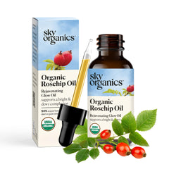 Sky Organics Rosehip Oil bottle closeup for radiant skin nourishment