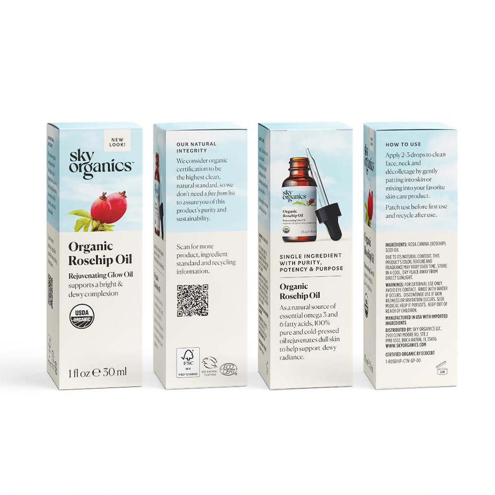 Sky Organics Rosehip Oil hero shot emphasizes nourishing daily skincare