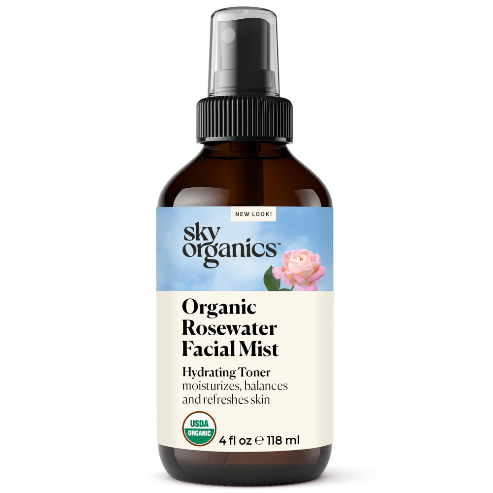 Sky Organics Rosewater Facial Mist bottle, hydrating facial spray for daily refreshment.