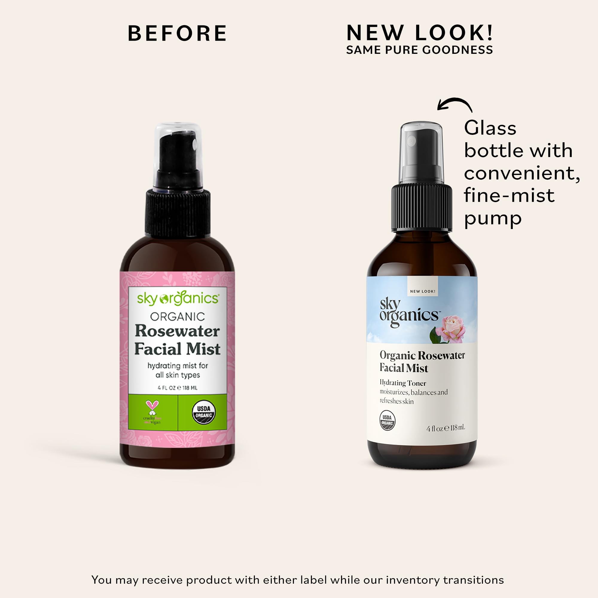 Sky Organics rosewater facial mist spray evenly dispenses for instant balance and soothe.