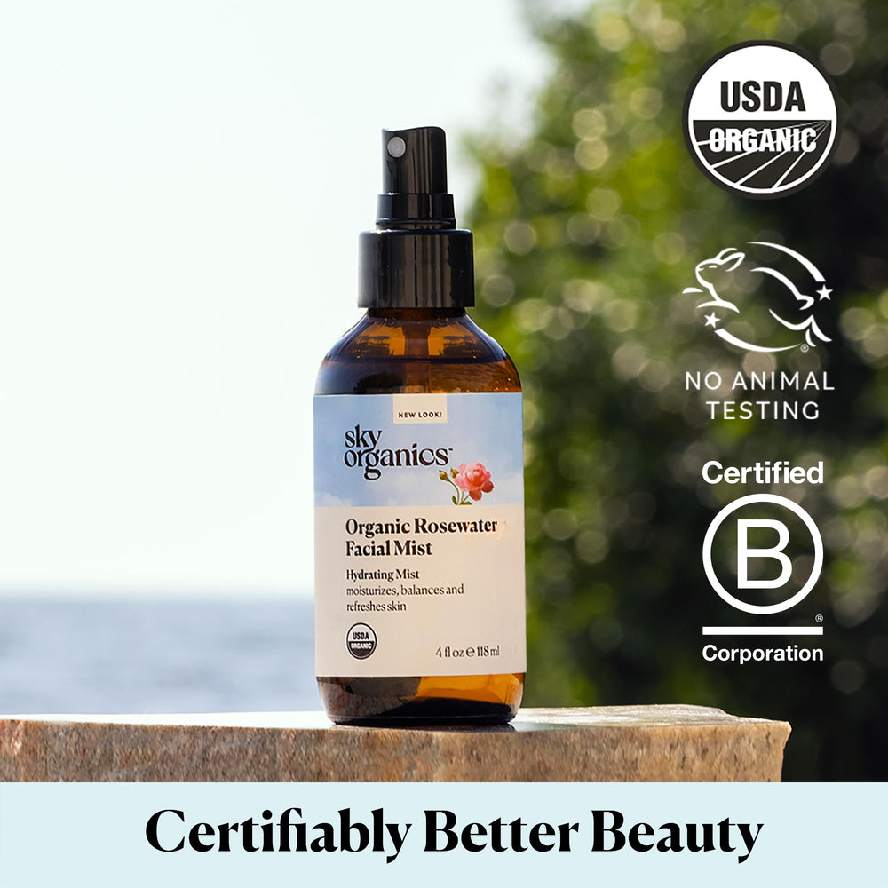 Sky Organics Rosewater ingredients label communicates vegan, cruelty-free, and plant-based care.