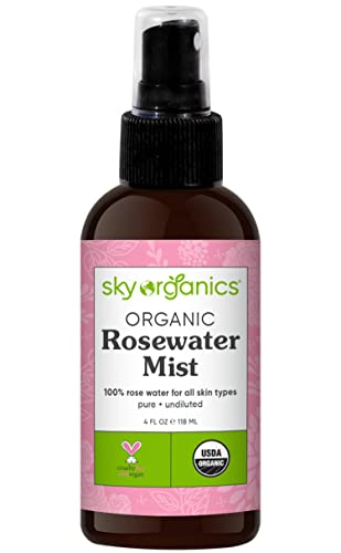 Sky Organics Rosewater mist bottle on shelf conveys easy, refreshing skincare step.