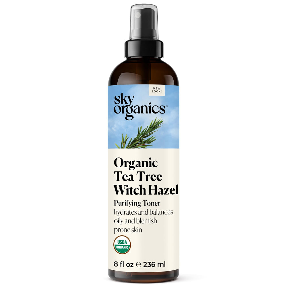 Sky Organics tea-tree-witch-hazel-toner-bottle purifies skin while balancing excess oil