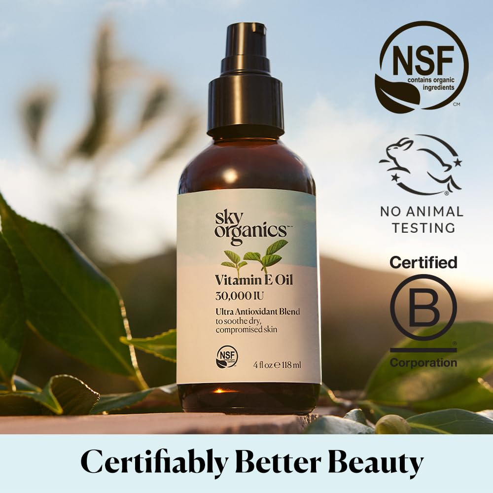 Sky Organics Vitamin E Oil Blend packaging display for daily skincare routine