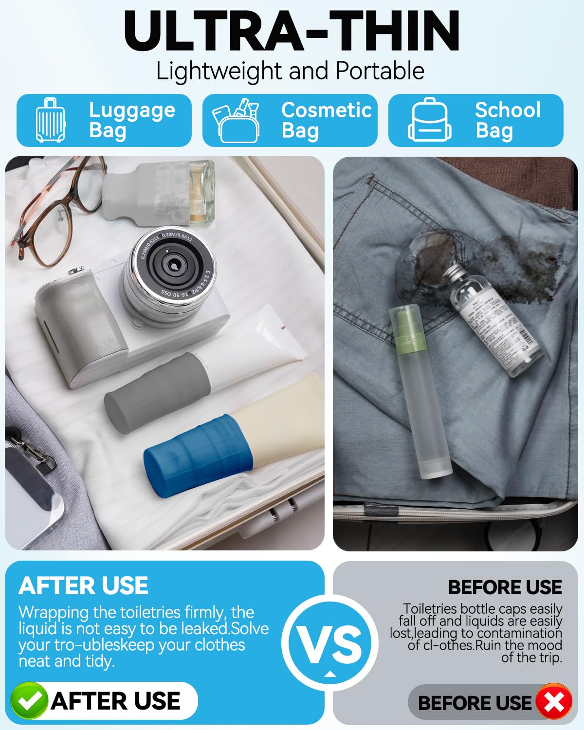 Skyconser cruise-ship-essentials silicone sleeves; protect toiletries on voyages.