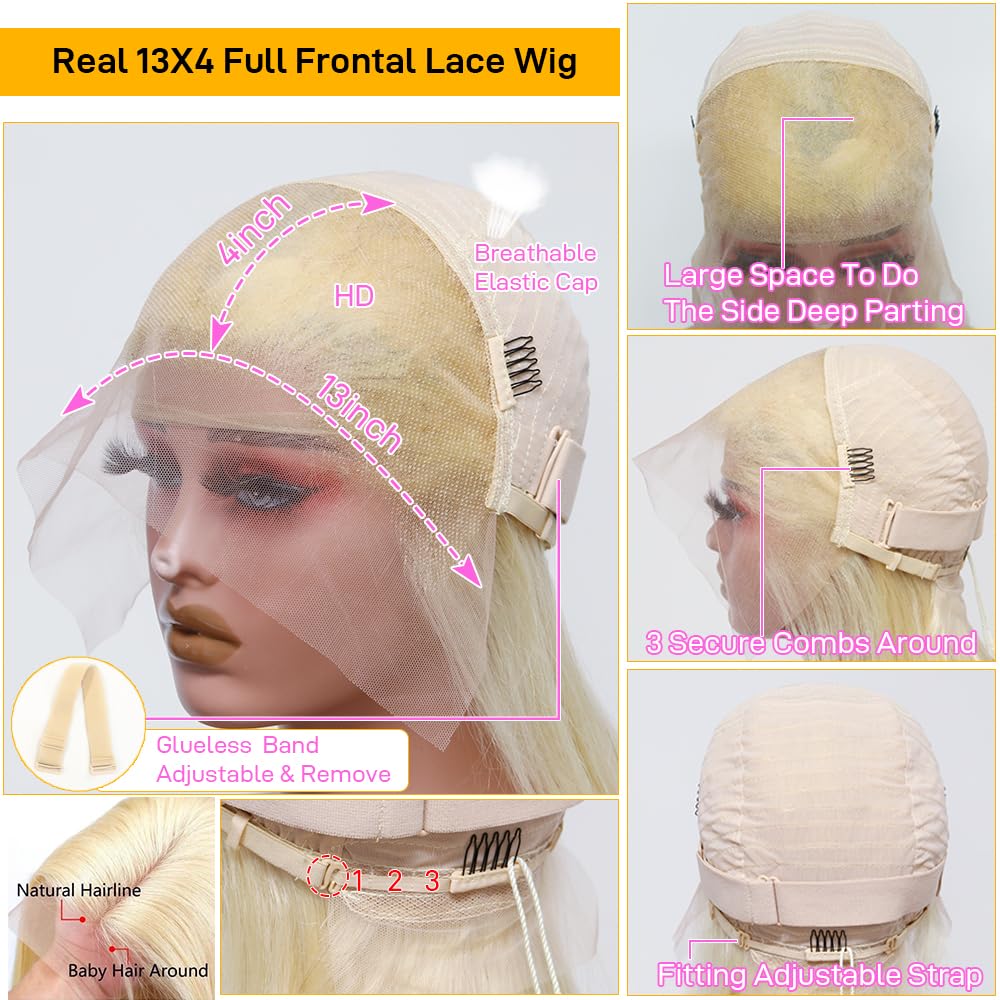 Skydo 613 blonde bob wig cap 22-5 closeup highlights secure, comfortable fit.