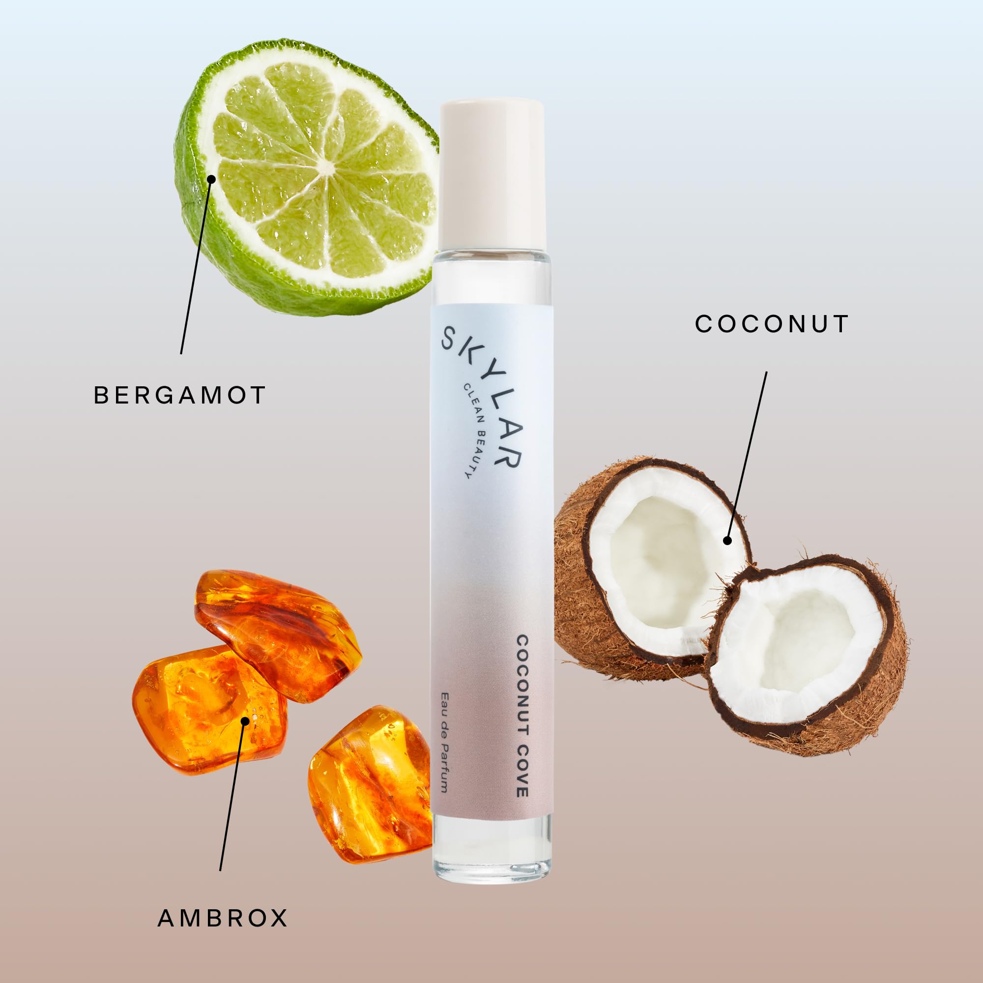 Skylar Coconut Cove dispense pour demonstrates easy application and travel-friendly 10 mL size.