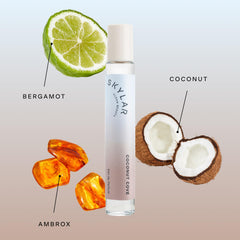 Skylar Coconut Cove dispense pour demonstrates easy application and travel-friendly 10 mL size.