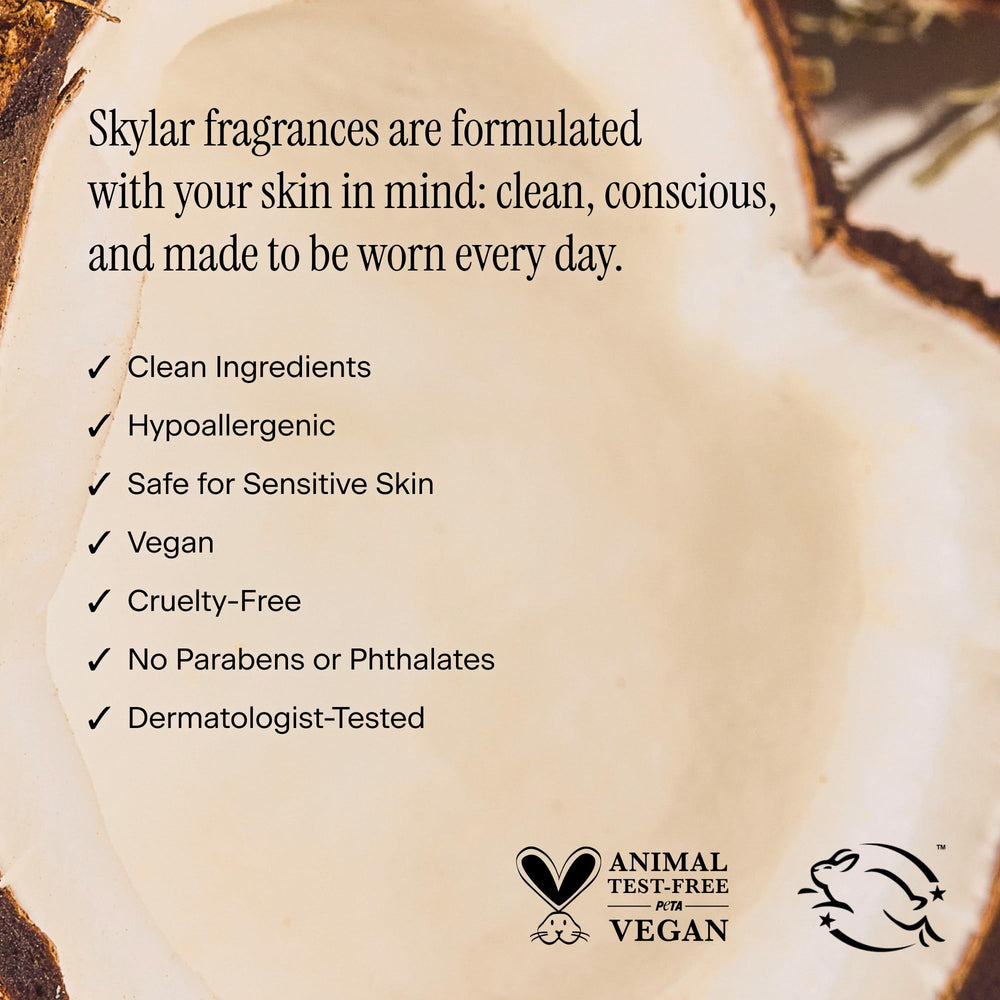 Skylar Coconut Cove Mist packaging emphasizes hypoallergenic, vegan, cruelty-free ingredients.