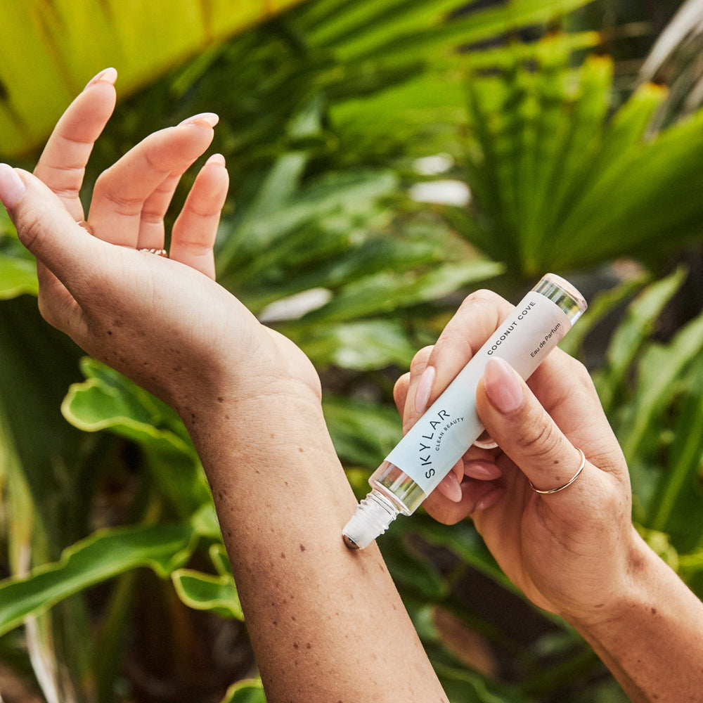 Skylar Coconut Cove wrist application demonstrates subtle scent for day-to-night layering.