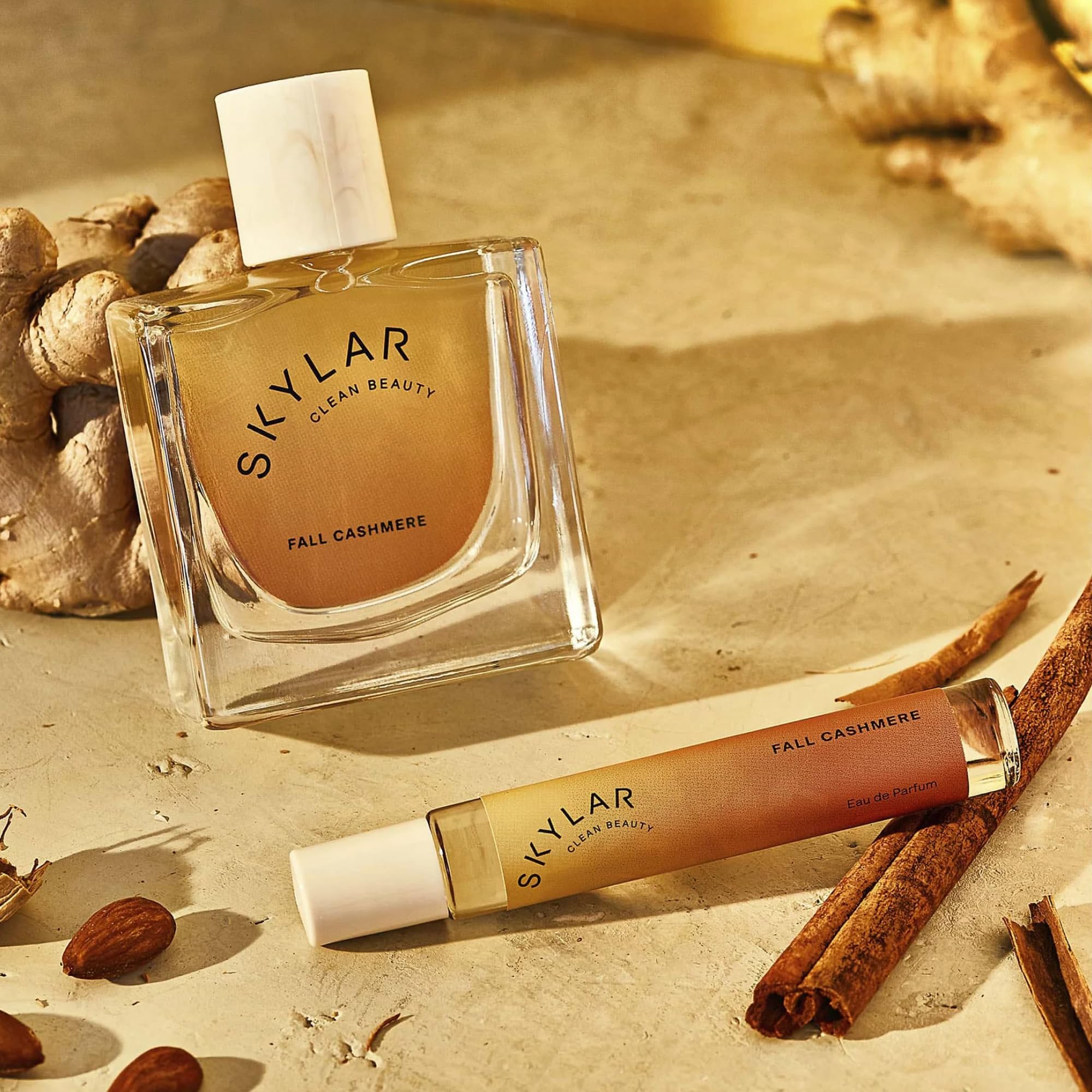 Skylar Fall Cashmere notes graphic highlights warm almond, ginger, and cinnamon notes.