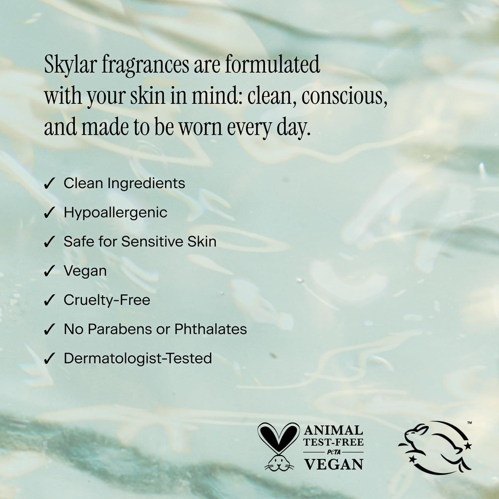 Skylar Isle Escape label highlights clean-beauty credentials and allergen-conscious formulation.