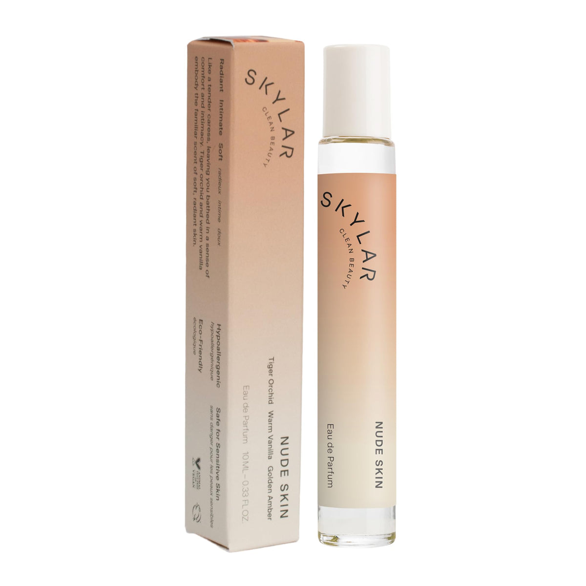 Skylar Nude Skin EDP bottle closeup showing hypoallergenic formula for sensitive skin.