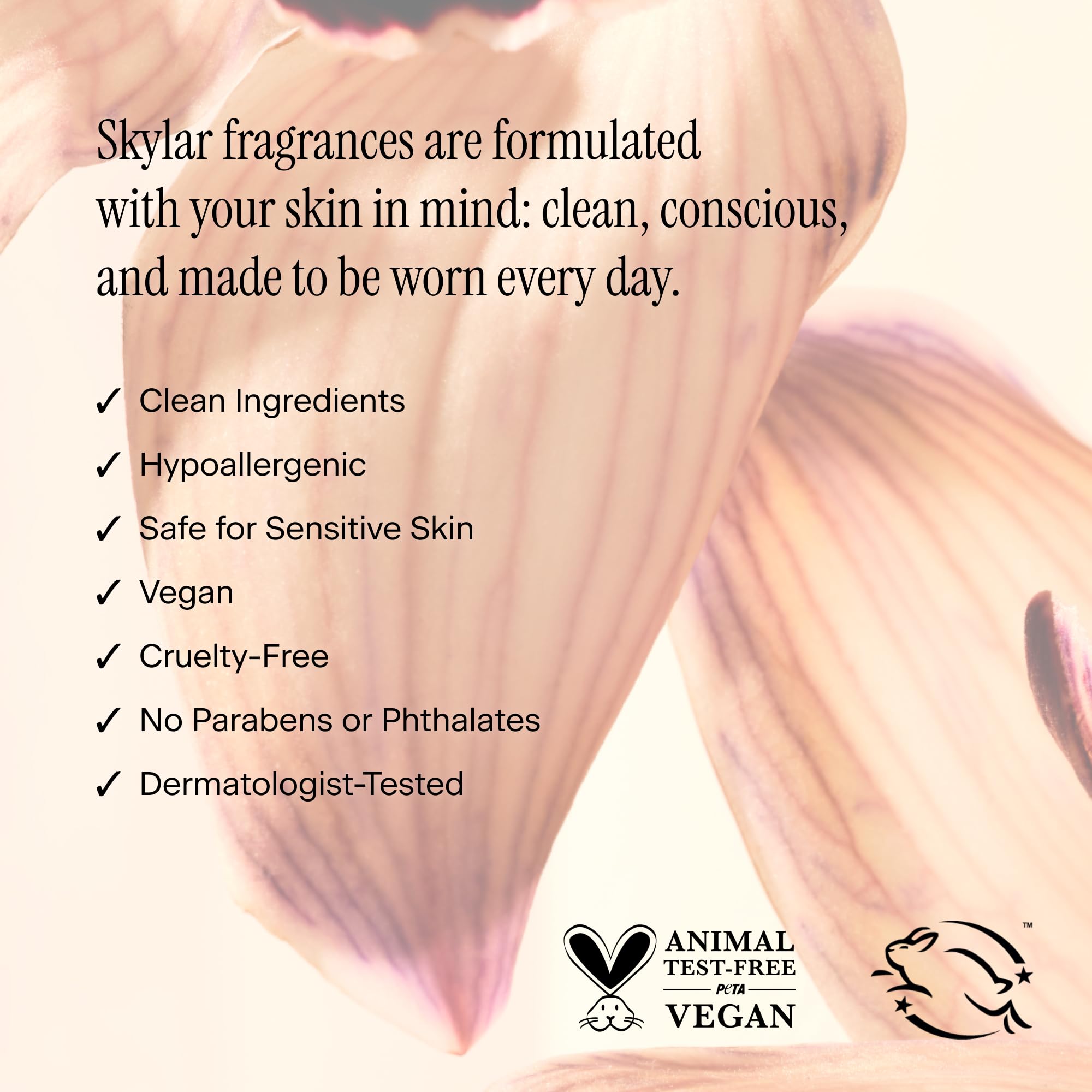 Skylar Nude Skin EDP packaging label emphasizes clean, safe formulation.