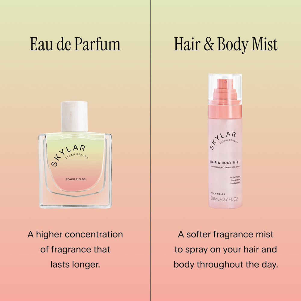 Skylar Peach Fields packaging showcases refined clean beauty in a compact bottle.