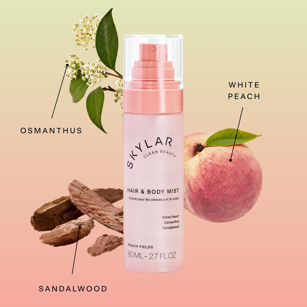 Skylar Peach Fields spray gesture demonstrates quick misting on skin or hair.