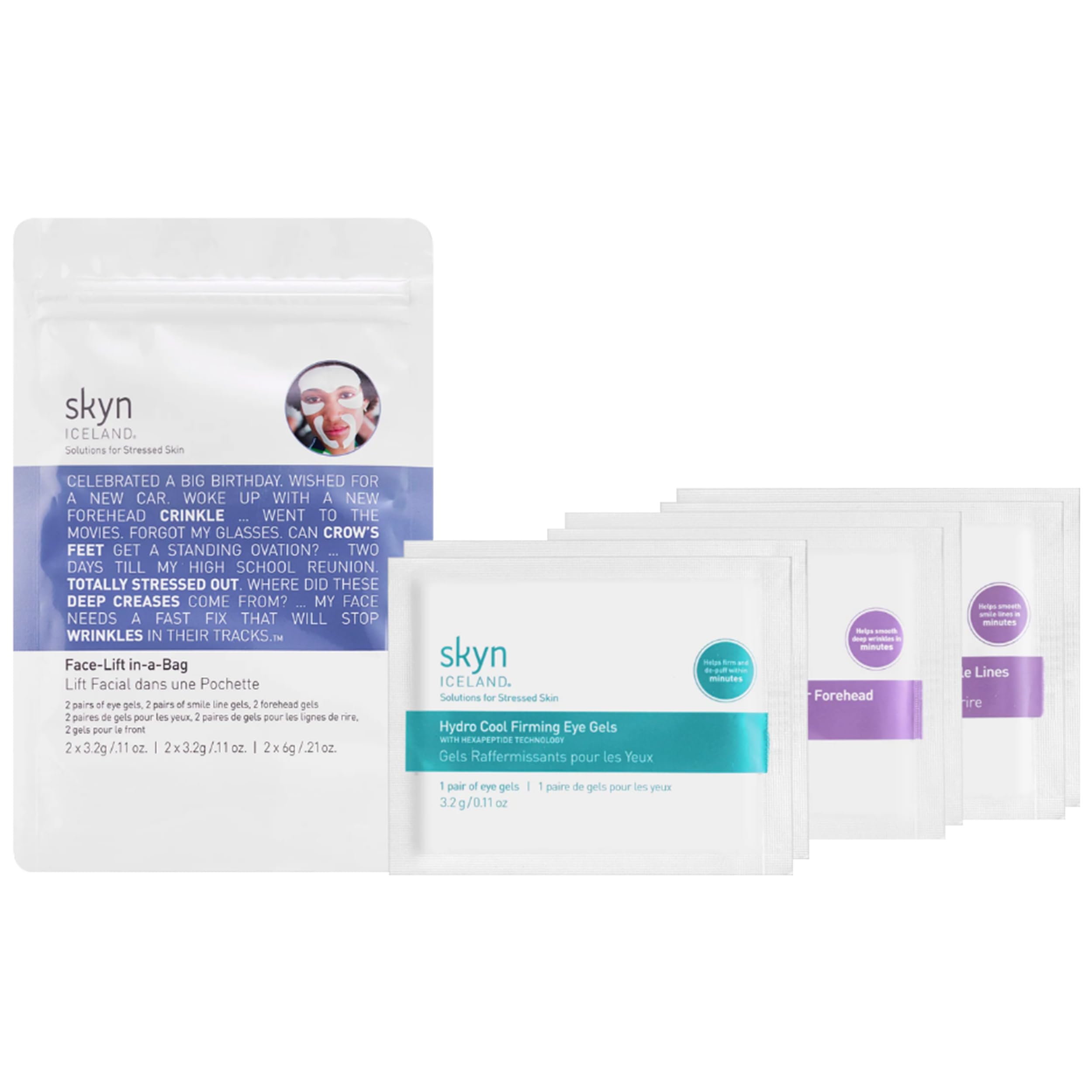 Skyn ICELAND Face-Lift in-a-Bag packaging for at-home smoothing routine.