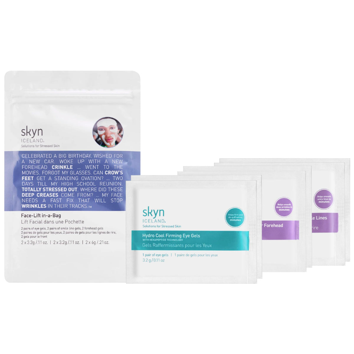 Skyn ICELAND Face-Lift in-a-Bag packaging for at-home smoothing routine.