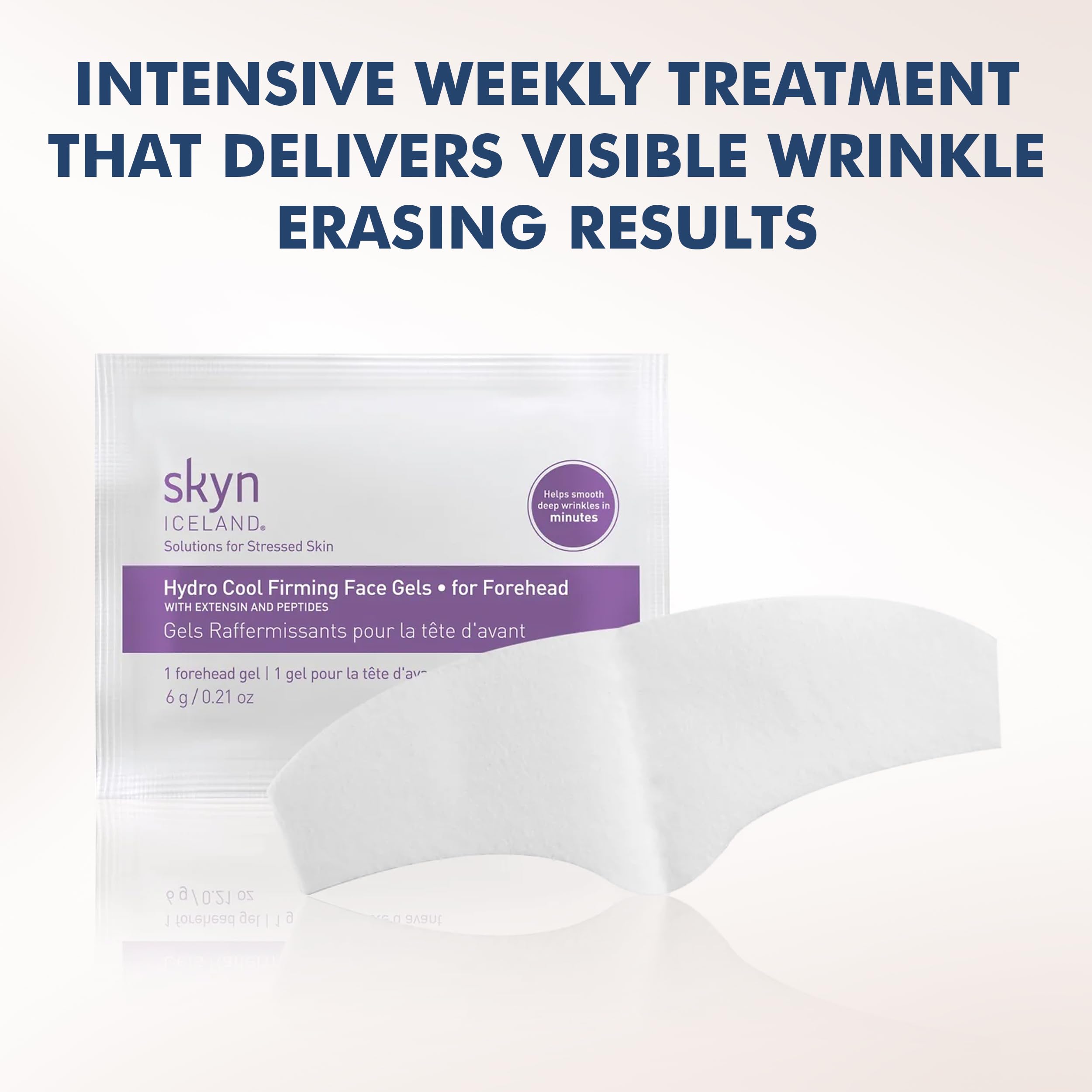 Skyn ICELAND Hydro Cool Forehead Patches on forehead offer quick 10-minute smoothing for a refreshed brow.