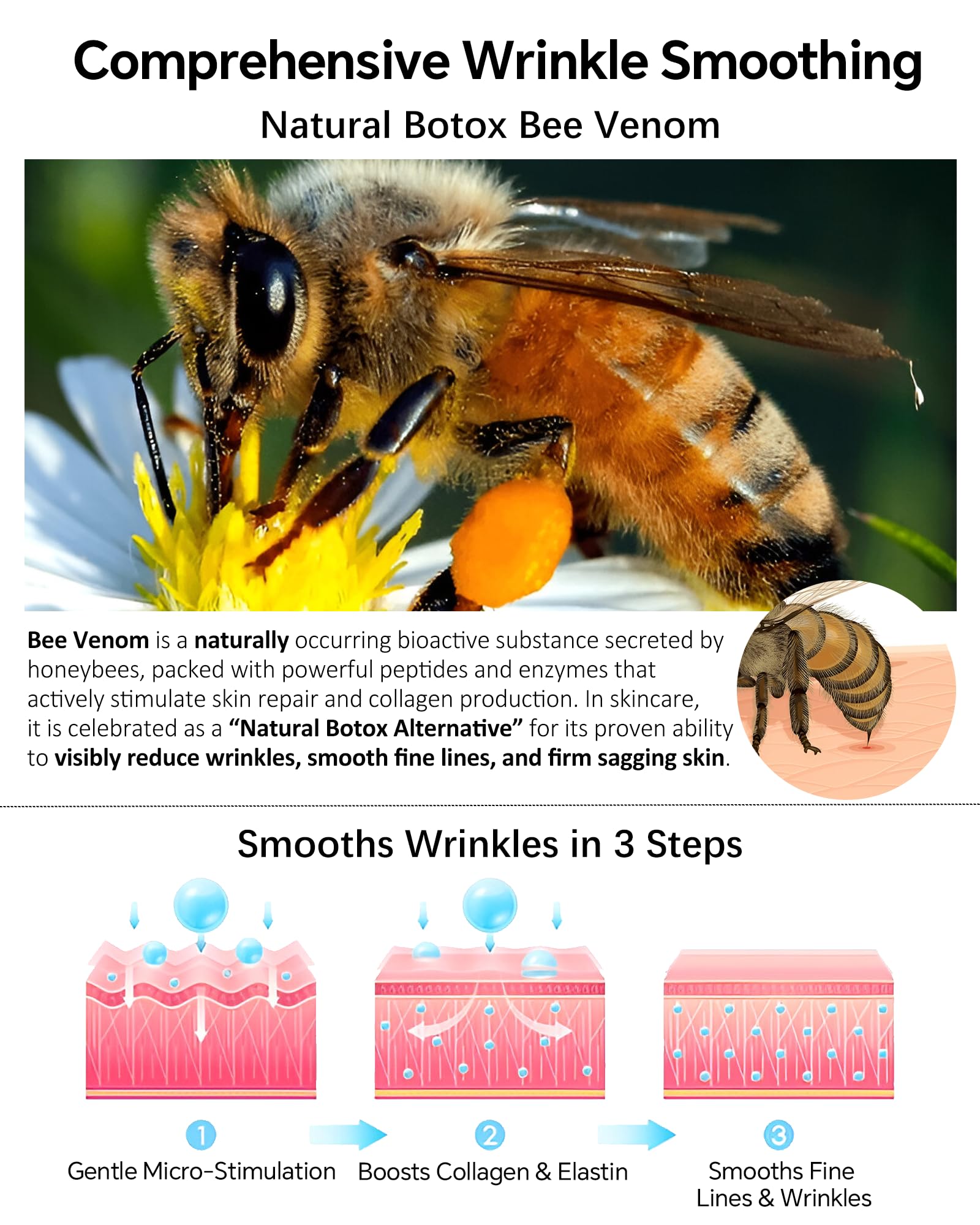 Skyoyo Bee Venom Cream face closeup showing smoothing effect