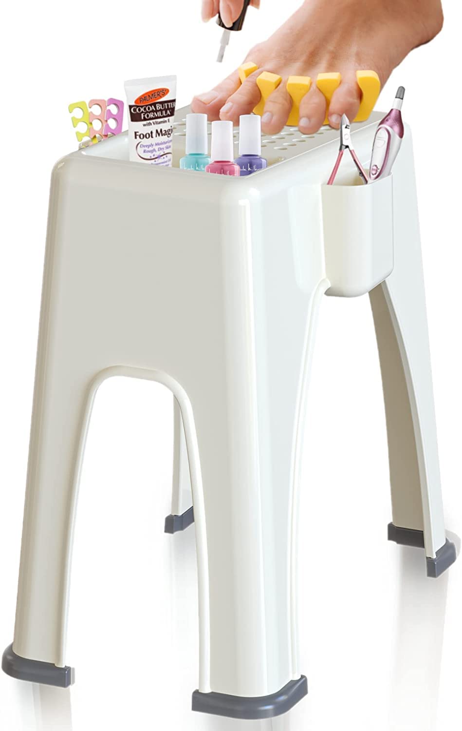 Skywin TidyFriend shower foot rest front view with compact beige design and storage pockets.