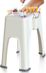 Skywin TidyFriend shower foot rest front view with compact beige design and storage pockets.