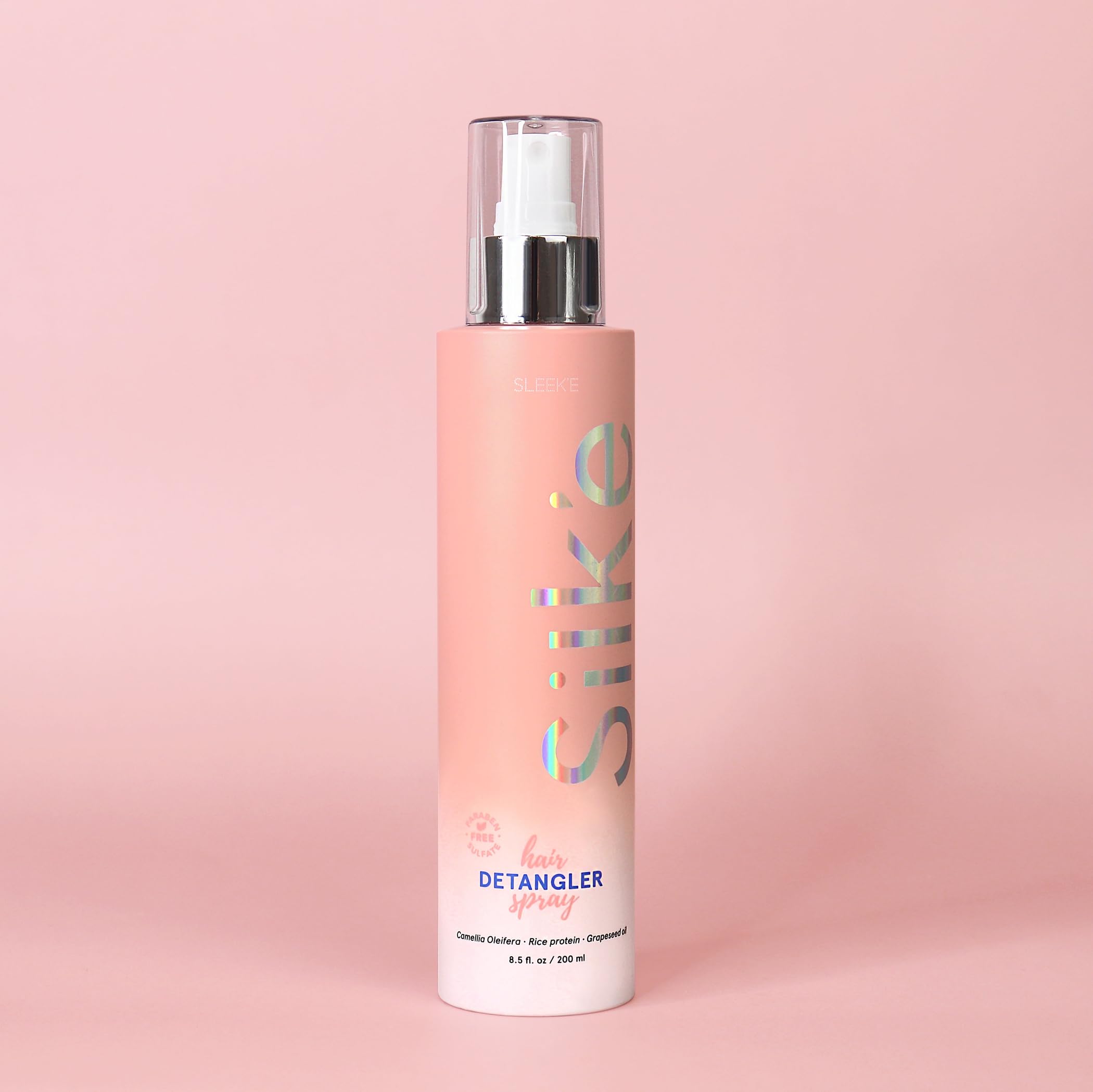 Silk'e Hair Detangler Spray bottle showing easy detangling for smoother, tangle-free hair