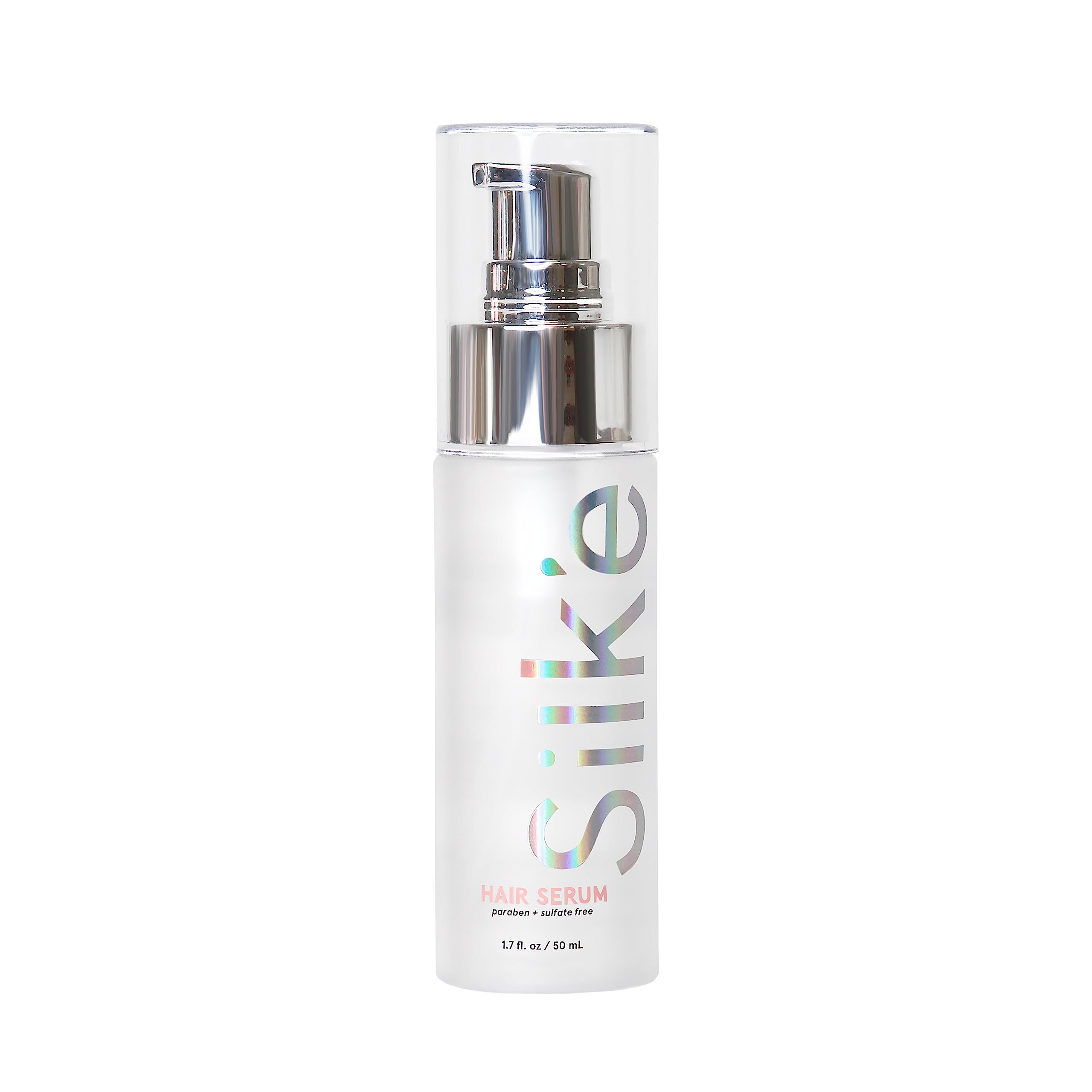 Sleek'e Silk'e Hair Serum bottle closeup for frizz control and silky shine.