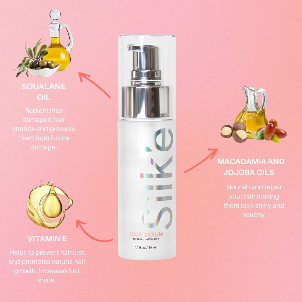 Sleek'e Silk'e Serum shine shot showcasing glossy polished hair finish.