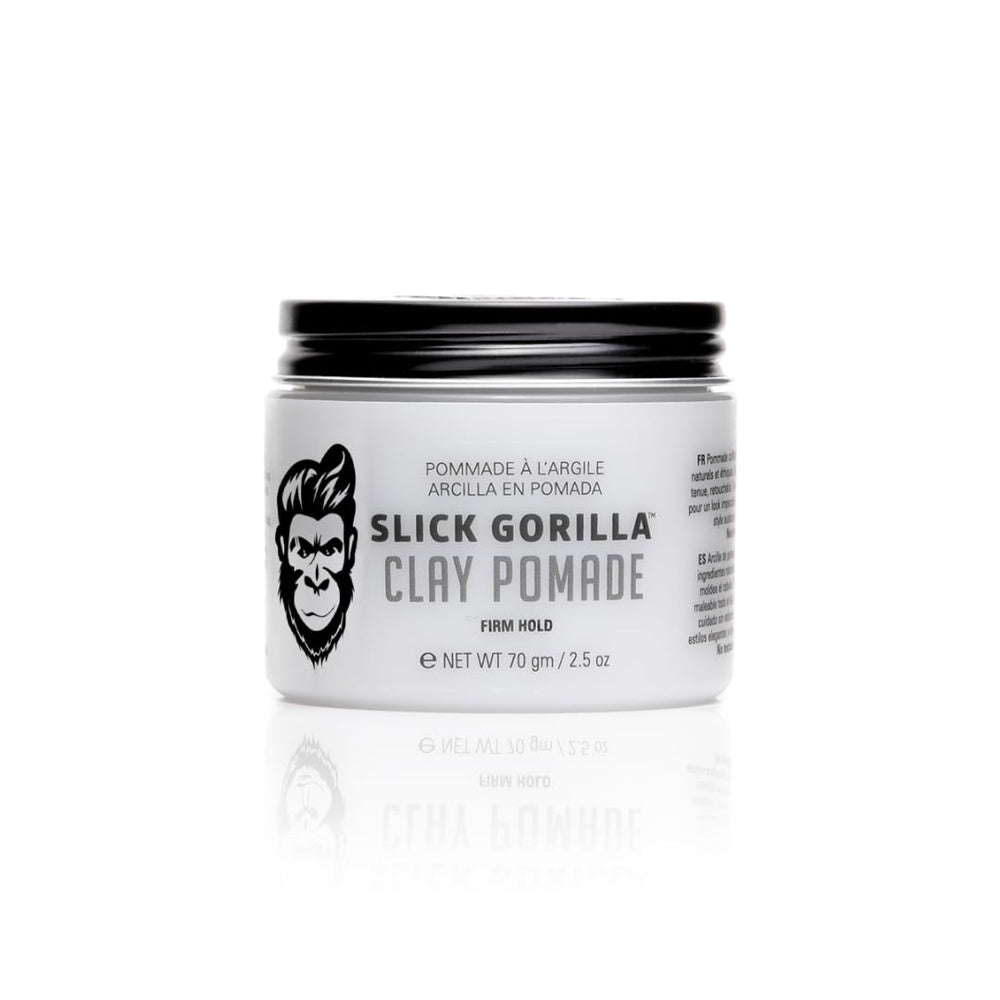 Slick Gorilla Clay Pomade jar closeup highlighting firm hold for defined, long-lasting styles.