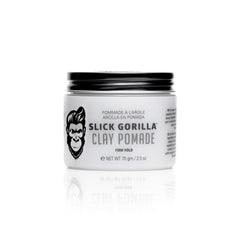Slick Gorilla Clay Pomade jar closeup highlighting firm hold for defined, long-lasting styles.