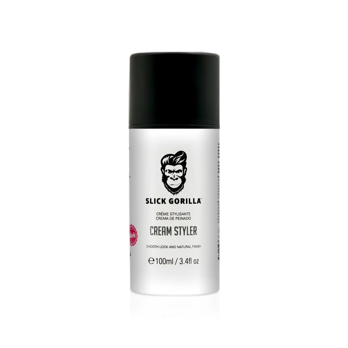 Slick Gorilla Hair Styling Cream bottle closeup shows lightweight, versatile grooming for daily looks.